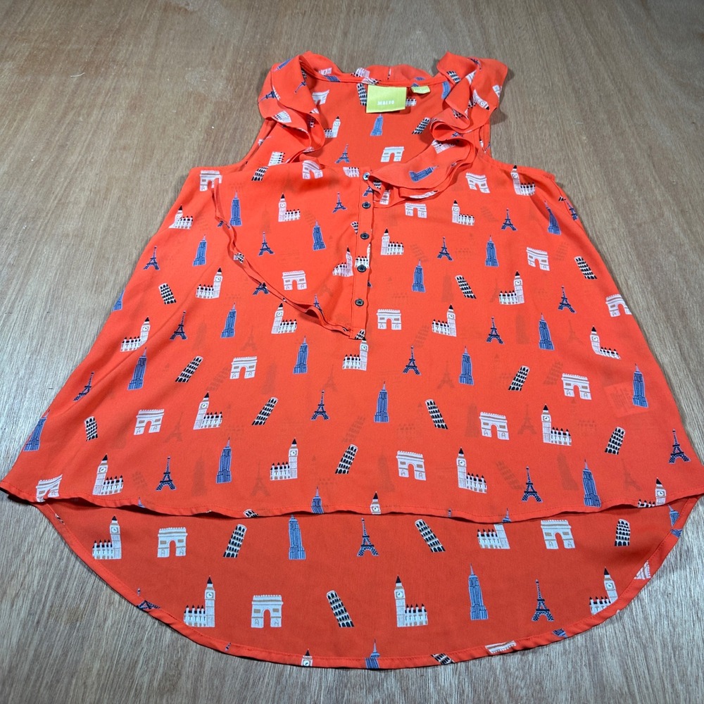Maeve Anthropologie Sleeveless Top Women Size 0 Orange World Landmark Print